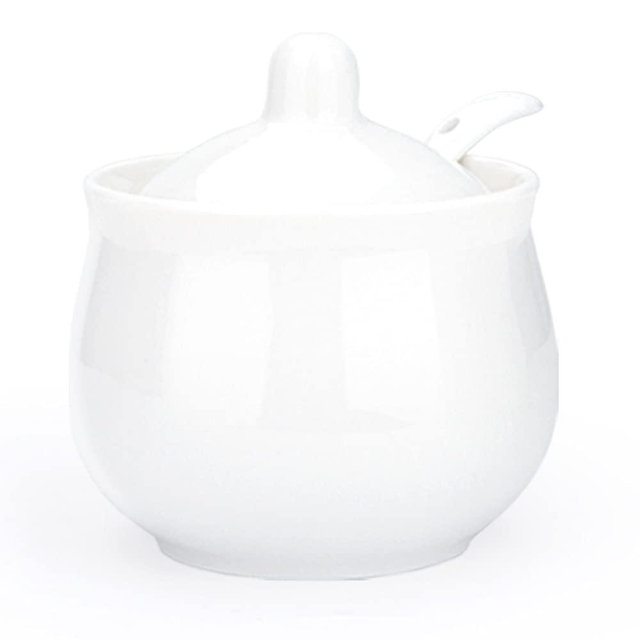 Swetwiny Porcelain Sugar Bowl with Lid and Spoon, Ceramic Salt Storage Jar, White Seasoning Container for Home and Kitchen, 7 Ounces (White)