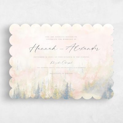 Beige Scalloped Wedding Invitation - Forest Landscape