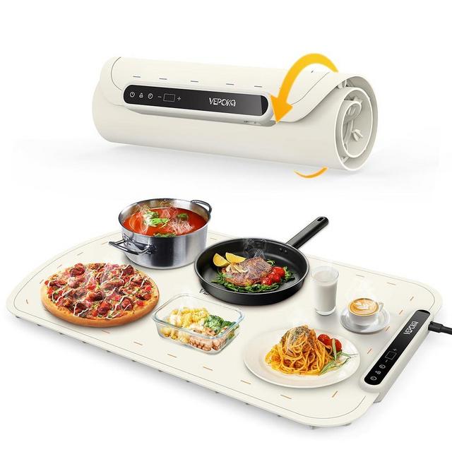 VEPOKA Electric Warming Tray, 7 Temperature Levels&Fast Heating, Portable Food Warmers for Parties, Auto Shut-Off&Child-Lock,Roll up Silicone Food Warming Mat for Buffet, Gatherings,Everyday Use-White