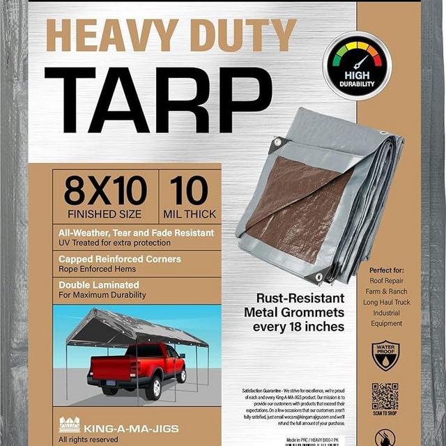 8x10 Heavy Duty Tarp, 10 Mil Thick, Waterproof, Tear & Fade Resistant, High Durability, UV Treated, Grommets Every 18 Inches. (Silver/Brown - Reversible) (8 x 10 Feet)