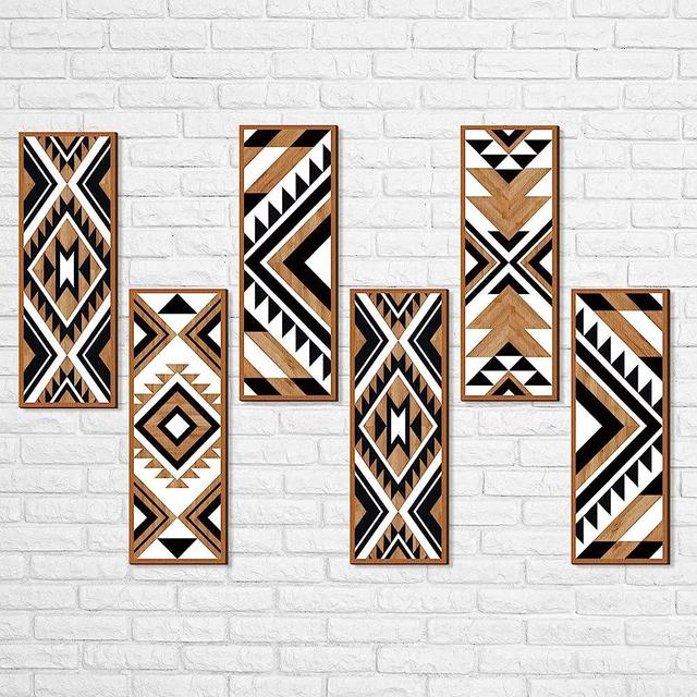 6 Pcs Farmhouse Home Wall Decor Western Aztec Geometric Diamond Frame Wall Hanging Boho Modern Abstract Art Prints Wooden Diamond Sign Style Decorations for Bedroom Living Room Bathroom Apartment