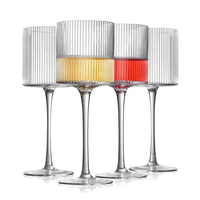 Square Wine Glasses Set of 4, Elegant Ribbed Design Wine Glasses 12.5oz, Long Stem Unique Modern Shape - Hand Blown Premium Wine Glass, For Red & White Wine Home Bar Party