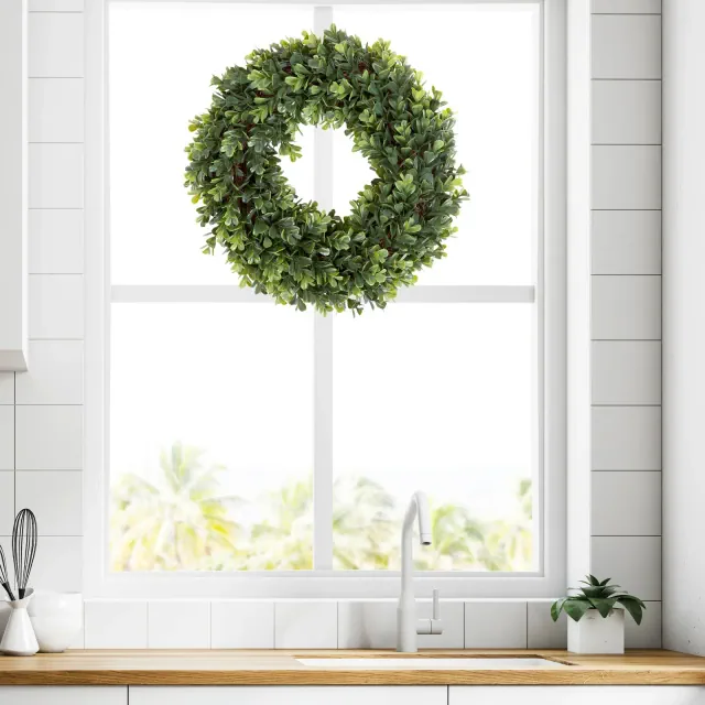 Artificial Boxwood Wreath - 12 Inch UV-Resistant Plastic Front Door Wreath and Window Decor for Spring and Summer by Pure Garden