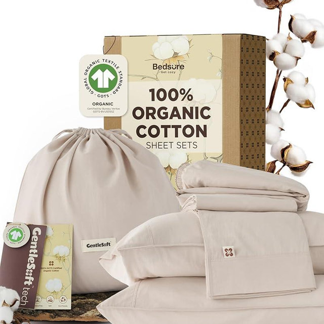 Bedsure 100% GOTS Organic Cotton Sheets, Fair Trade Certified King Bedding Set, Eco-Friendly, Soft, 17 inches Deep Pocket King Sheet, Sateen Weave Cotton Luxurious Hotel Bed Set, Linen