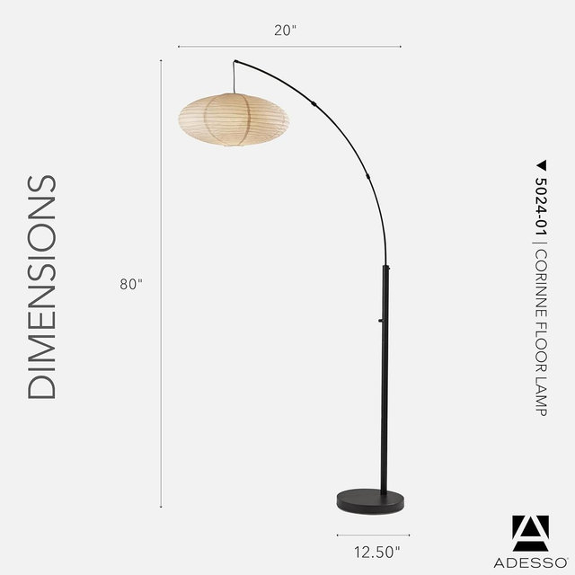 Adesso Arc Floor Lamp, 80” Tall Black Base, Oval Off-White Paper Shade – Convenient Overhead Lighting for Living Room, Nursery, Bedroom or Office