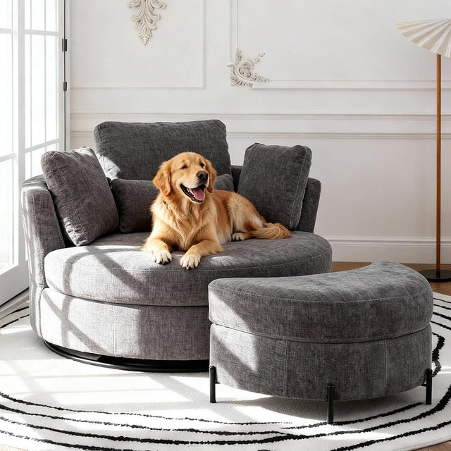 Aoiy & Wifon 50'' W Oversized Swivel Barrel Chair with Storage Ottoman, Gray Round Accent Chair with Half Moon Ottoman for Living Room, Deep Seat & Extra Wide, Chenille