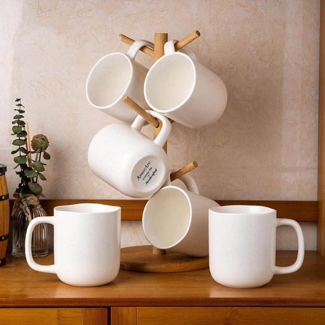 AmorArc 14oz Coffee Mugs Set of 6, Speckled Ceramic Coffee Mugs with Large Handle & Wavy Rim for Latte/Hot Cocoa/Tea, Coffee Mugs for Men Women. Oven, Dishwasher&Microwave Safe, Off White