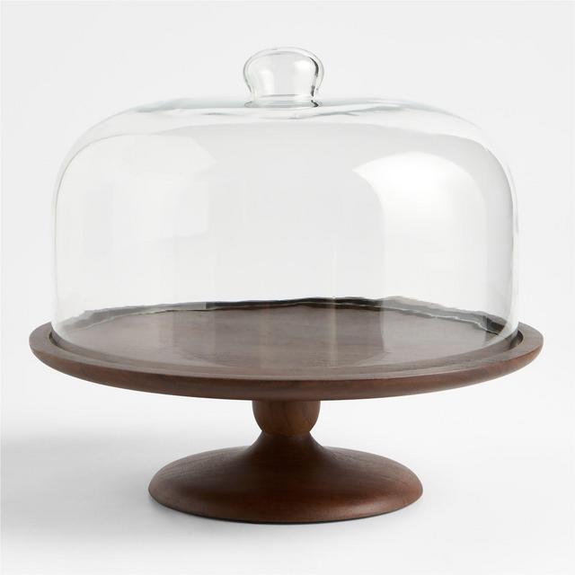 Madeira Walnut-Finished Acacia Wood Cake Stand with Glass Lid