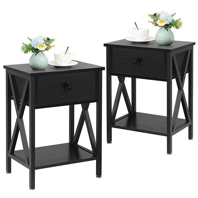 VECELO Nightstands, Stylish End Side Tables Versatile Night Stand with Drawer &Storage Shelf for Bedroom Office Lounge Living Room,Set of 2, 2, Black