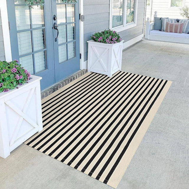 KILOCOCO Beige Striped Rug - 4'X6' Front Door Mat Outdoor, Welcome Mats Rug Outdoor, Cotton Washable Front Porch Rug Layered Doormats for Front Porch/Farmhouse/Entryway
