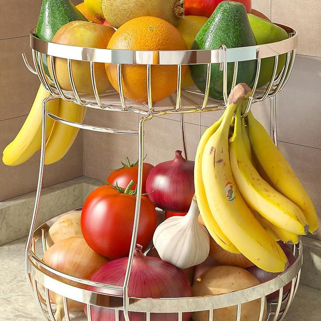 Sevenblue 2 Tier Fruit Basket for Kitchen Counter with 2 Banana Hangers, Metal Stackable Fruit Bowl for Kitchen Counter for Bread Vegetable Fruits, Silvery