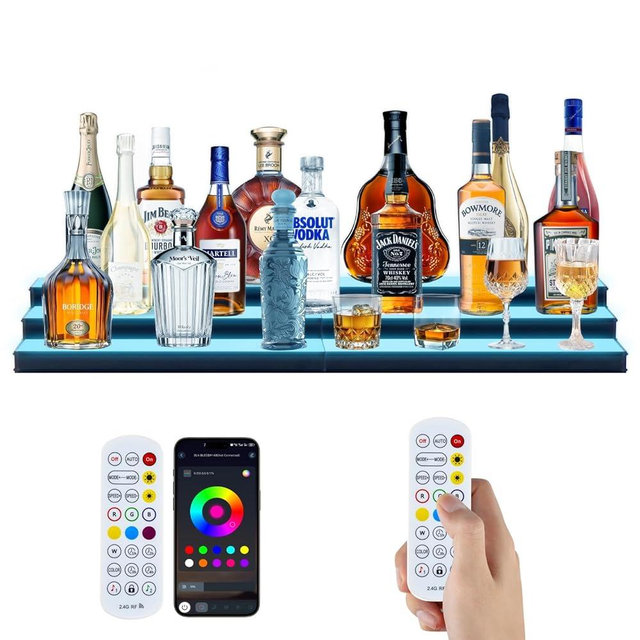 2 Pack Lighted Liquor Bottle Display Shelf – 16" 3-Tier LED Acrylic Bar Shelf with Remote & App Control, 10 Colors, Music Sync & 24H Timer, USB Powered for Home Bar & Party