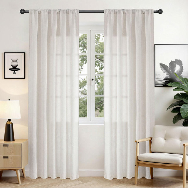 JoyDeco 52''W x 96''L Ivory on Linen Light Filtering Linen Curtains - Back Tab & Rod Pocket Top, 2 Panels Set