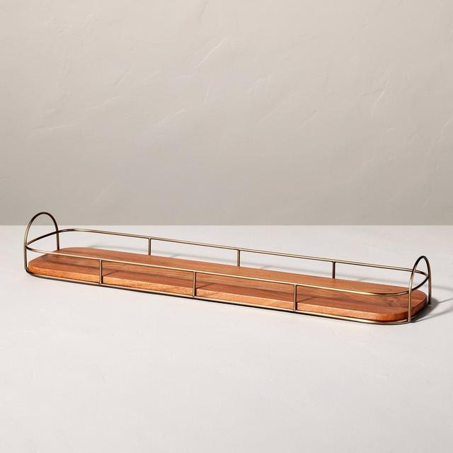 32" Wooden Decorative Tray with Metal Trim Brown/Brass - Hearth & Hand™ with Magnolia