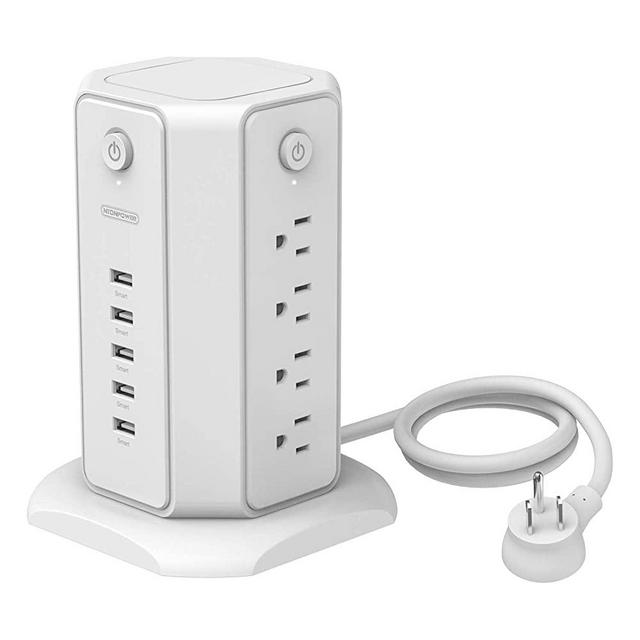 Power Strip Tower - NTONPOWER Surge Protector Flat Plug, 8 Outlets 5 USB Desktop Charging Station, 6ft Heavy-Duty Extension Cord, Individual Switches Control, 15A Circuit Breaker, for Home and Office