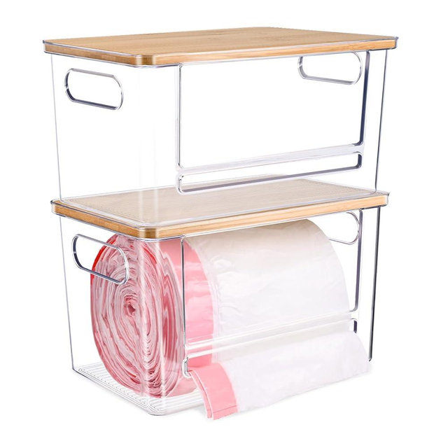 Hiitytin 2 PCS Trash Bag Holder Dispenser Under Sink, Extra Large Garbage Bag Holder Organizer with Bamboo Top & Handles