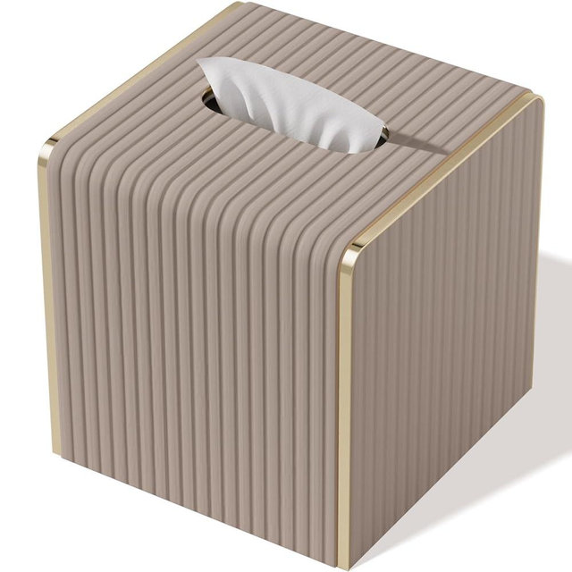 Tissue Box Cover,Beige Cube Leather Tissue Box Holders with Gold-Tone Edging Accents,Decorative Tissue Covers for Bathroom Toilet Bedroom Living Room Table Desk Office Car,Decor Aesthetic