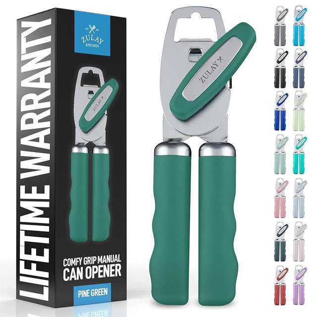 Zulay Kitchen Heavy Duty Stainless Steel Can Opener Manual with Bottle Opener - Rust Proof Manual Can Opener With Turn Knob & Comfy Soft Grip Handles - Pine Green