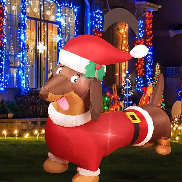 Decfine Christmas Inflatable Weiner Dog Lighted Blow Up Christmas Dachshund Dog Yard Decoration with Built in Fan and Anchor Ropes 5 Feet Long (Weiner Dog)