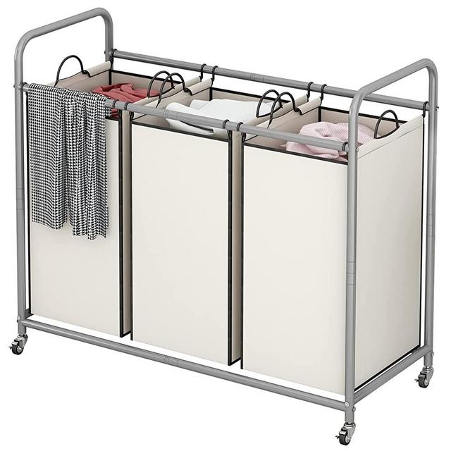 SUOERNUO Laundry Sorter 3 Bag Laundry Hamper Cart with Rolling Lockable Wheels and Removable Bags Laundry Organizer Cart for Clothes Storage (Beige)