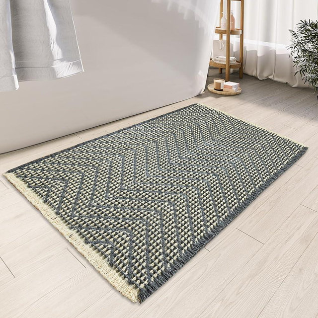 BULULOM Bath Mats for Bathroom Non Slip,Waffle Luxury Bath Mat,Machine Washable Bath Mat for Shower,Ultra Soft Bathmat,Bluish Grey & Yellow,18"*30"