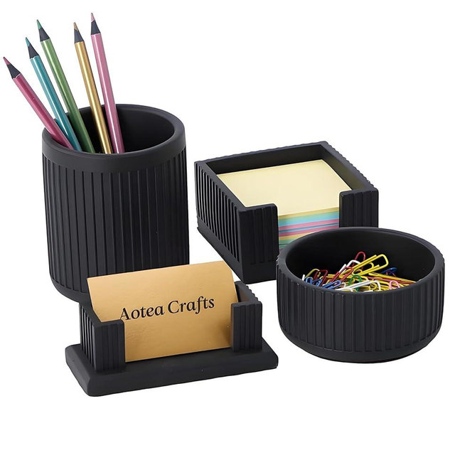 Set of 4 - Aesthetic Desk Accessories For Modern, Industrial, Minimalist Office Decor- Concrete Desk Organizers Accessories For Women or Men- Pen, Business Card Holder & Sticky Note, Paper Clip Holder