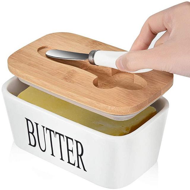 Large Butter Dish with knife Holds Up to 2 Sticks Ceramics Butter Keeper Container with Bamboo Lid and Stainless Steel Double-layer Silicone Sealing Butter Dishes with Covers Good Kitchen Gift White