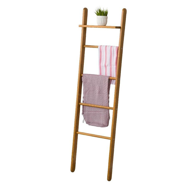 FURNIREM Solid Pine Wood Blanket Ladder for Living Room Bathroom Organizer Shelves, 7-Tier 5-Tier Freestanding Shelf, Freestanding Towel Rack Extra Storage, Wall-Leaning (Oak, Medium)