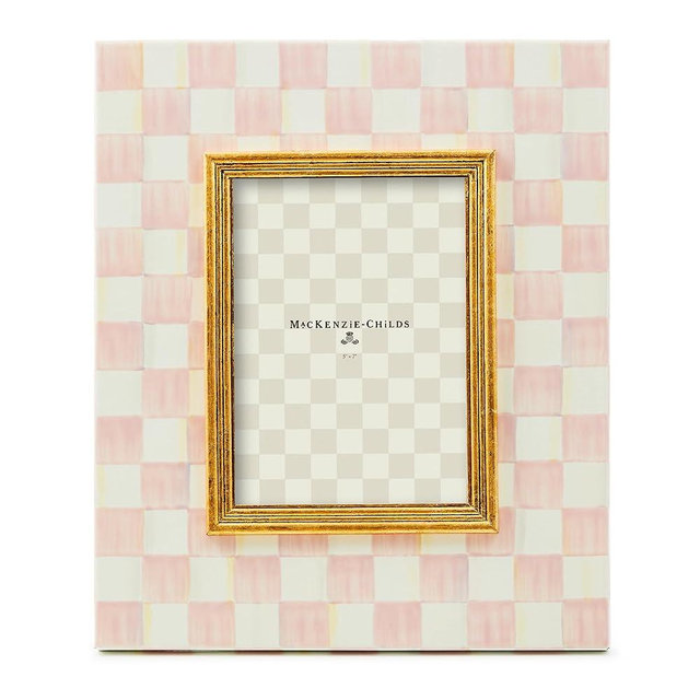 MACKENZIE-CHILDS Enamel Frame, Cute Rectangular Family Picture Frame, Pink-and-White Rosy Check, 5" x 7"