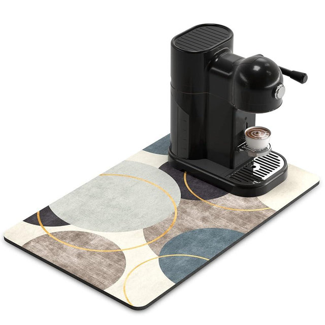 Rnivvi Coffee Mat, 12"x19" Boho Theme Coffee Bar Mat for Coffee Station Accessories and Organizer, Absorbent Dish Drying for Kitchen Counter, Cute Abstract Art Circle Bar Decor Coffee Machine Mat