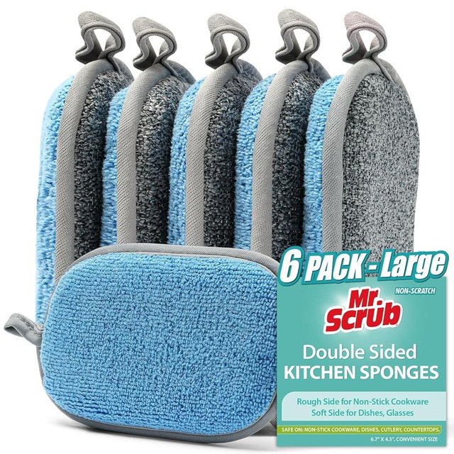 All-Purpose Sponges Kitchen, Non Scratch Dish Sponge for Washing Dishes Cleaning Kitchen, Rough Scrubbers Side for Non-Stick Cookware, Soft Microfiber Scrub Side for Dishes（6 Pack, Large）