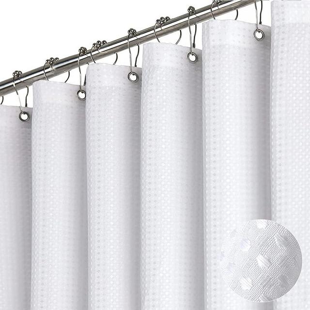 Dynamene Long White Fabric Shower Curtain - Waffle Textured Tall Heavy Duty Cloth Shower Curtains for Bathroom, 256GSM Large Hotel Spa Luxury Bath Curtain Set with 12 Plastic Hooks(72Wx78H, White)