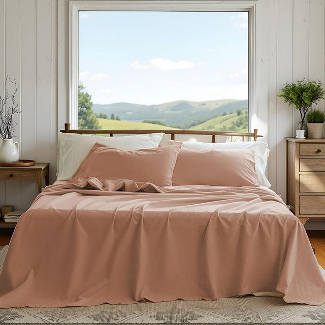 NUMWELL Linen Sheet Set Queen Size, Linen Cotton Blend Sheets Set 4pcs, 1 Flat Sheet, 1 Fitted Sheet & 2 Pillowcases, Cooling Breathable Farmhouse Bedding for All Season, Clay