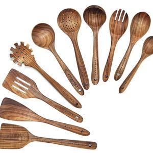 Wooden Spoons for Cooking,10 Pcs Natural Teak Wooden Kitchen Utensils Set Wooden Utensils for Cooking Wooden Cooking Utensils Wooden Spatulas for Cooking (10)