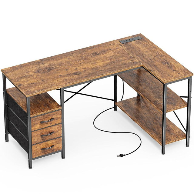 Huuger L-Shaped Desk with Power Outlets, 47" Office Desk with Shelves, Gaming & Home Office Workstation in Rustic Brown