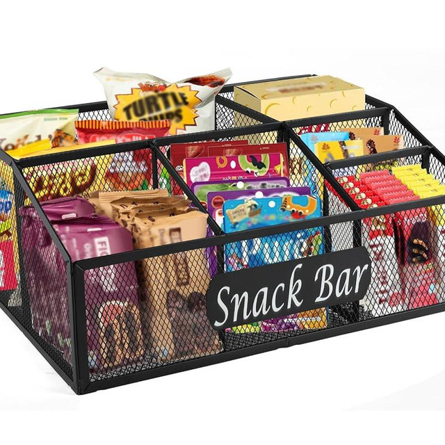 Xbopetda Snack Organizer for Pantry Shelf, Metal Snack Organizer Snack Basket, 6 Compartment Snack Bin Holder Chip Organizer, Snack Bar Station Organizer, Kitchen Pantry Organizer and Storage (Black)