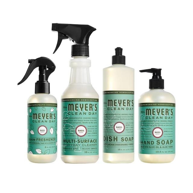 MRS. MEYER'S CLEAN DAY Basil Scent Variety, 1 Room Freshener 8 OZ, 1 Liquid Dish Soap 16 OZ, 1 Liquid Hand Soap 12.5 OZ, 1 Multi-surface Cleaner 16 OZ, Basil, 1 CT