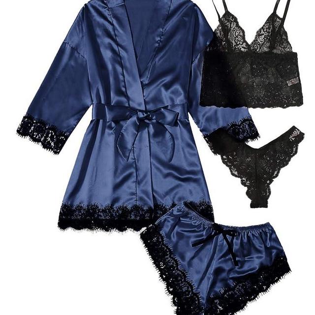 WDIRARA Women' Silk Satin Pajamas Set 4pcs Lingerie Floral Lace Cami Sleepwear with Robe