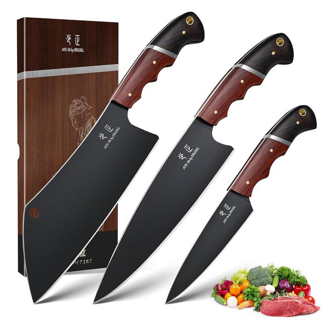 DRGSKL Japanese Chef Knife Set - 3 PCS Kitchen Utility Knife Sets for Cooking, Meat Cleaver Knives Set with Full Tang Wooden Handle, Gift for Birthday