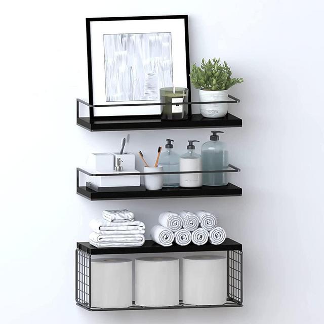Floating Shelves Wall Mounted with Storage Basket and Protective Guards,Bathroom Shelves Over Toilet,Rustic Wood Shelves for Bedroom,Living Room,Kitchen,Wall Decor,Plants,Books-Black