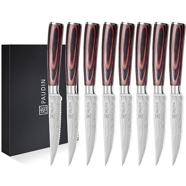 PAUDIN Steak Knife Set of 8, Steak Knives 4.5 Inch, High Carbon Stainless Steel Steak Knife Set, Sharp Serrated Steak Knives with Pakkawood Handle, Kitchen Steak Knives with Gift Box