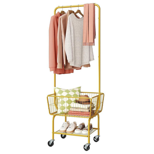 Tajsoon Laundry Cart with Wheels, Metal Rolling Laundry Hamper with Hanging Rack, Storage Basket and Shelf, Gold