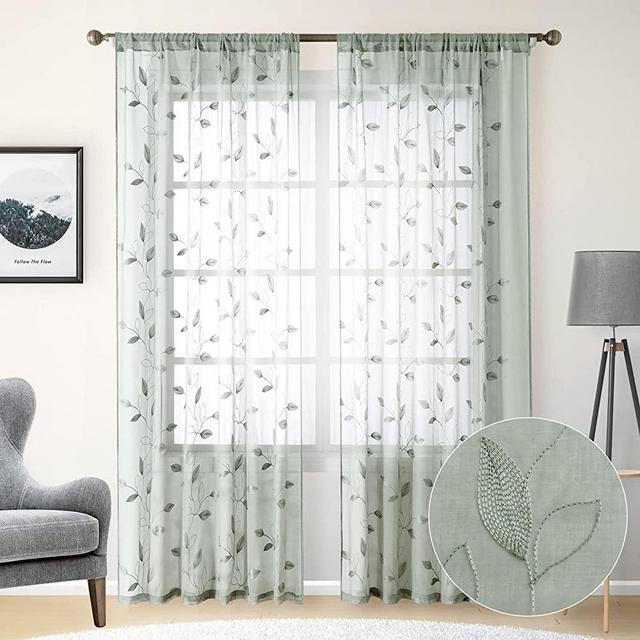 HOMEIDEAS Sage Green Sheer Curtains 52 X 84 Inches Long 2 Panels Embroidered Leaf Pattern Pocket Faux Linen Floral Semi Sheer Voile Window Curtains/Drapes for Bedroom Living Room