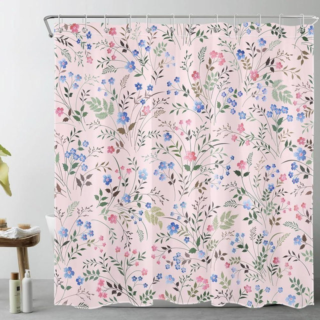 AUEEA Blue Floral Shower Curtain for Bathroom Country Wildflower and Green Leaf Herb on Pink Bathroom Shower Curtains with Hooks, Nature Botanical Bathroom Curtains Shower Set 72" W x 72" L