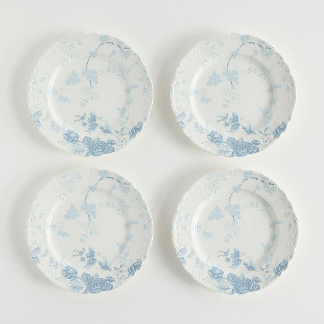 LoveShackFancy Blue Rose Appetizer Plates, Set of 4 - Blue/White