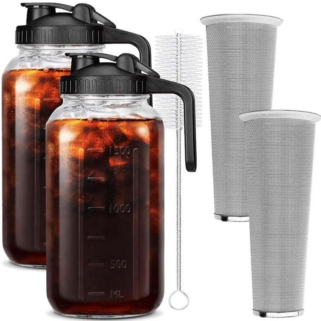 HomeCheer 2 Set 64 oz (2 Quart), Black Cold Brew Coffee Maker, Iced Tea Machines, Thick Glass with Pour Spout Handle Lid, Stainless Steel Filter for Iced Coffee, Fruit Drinks or Sun Tea (2)