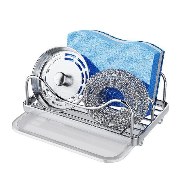 Consumest Sponge Holder for Kitchen Sink - Movable Sink Caddy for Countertop Organizer, 304 Stainless Steel Sponge Holder with Detachable Drip Tray for Kitchen Accessories-Silver
