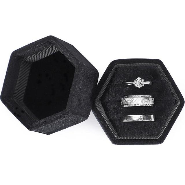 WantGor Velvet Jewelry Ring Box, 3 Slots Hexagon Ring Gift Box Vintage Ring Display Holder Case for Wedding Ceremony Proposal Engagement (Black, 3 Slots)