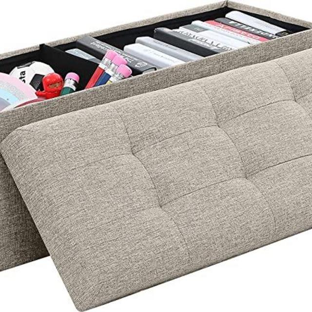 Ornavo Home Foldable Tufted Linen Large Storage Ottoman Bench Foot Rest Stool/Seat - 15" x 45" x 15" (Beige)