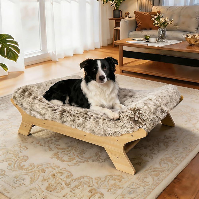 HEAVE SPROUT Elevated Dog Bed 37⅜" × 28⅜" × 11¾", Raised Wooden Large Dog Bed Frame and Mattress for Large Pets up to 80lbs